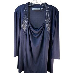 Simonton Says New Women Navy Blue‎ Top 1X Blouse New Embellishments draped front